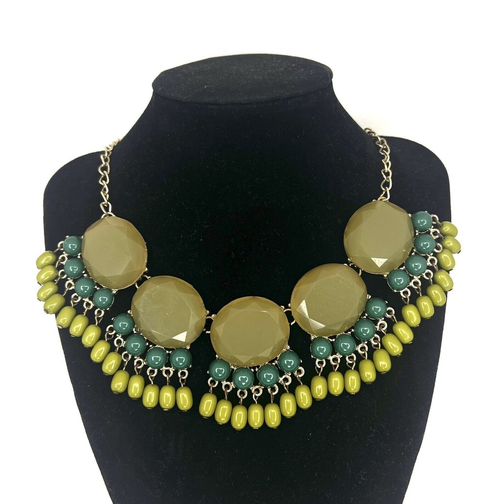 Roberta Chiarella Bib Necklace Green Bib Statement Gold Tone Beaded Bold Jewelry